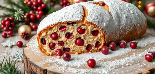 Cranberry-studded Christstollen, powdered sugar dusting, on rustic wood, surrounded by festive ornaments, Christmas sweets, powdered sugar