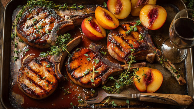 Grilled pork chops with fresh peaches in sauce, metal baking tray with thyme garnish, rustic food photography with red wine glass