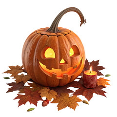 Festive Halloween Pumpkin with Candle and Autumn Leaves