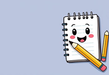 Fototapeta na wymiar Cute cartoon doodle of pencil, pen & notebook Perfect for stationery, education, back to school themes, simple, pen