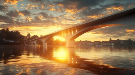 Fototapeta premium A stunning sunset illuminates a bridge over calm waters, reflecting vibrant colors and creating a serene atmosphere.