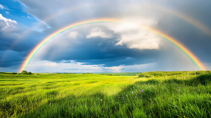 Naklejka premium rainbow, sky, landscape, field, nature, grass, clouds, rain, meadow, green, summer, cloud, blue, weather, storm, spring, countryside, sun, wheat, tree, rural, sunlight, beautiful, farm, sunny