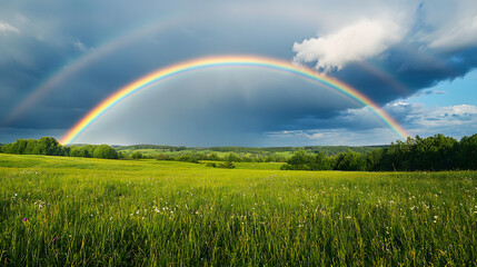 Naklejka premium rainbow, sky, landscape, field, nature, grass, clouds, rain, meadow, green, summer, cloud, blue, weather, storm, spring, countryside, sun, wheat, tree, rural, sunlight, beautiful, farm, sunny