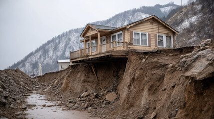 house tilting dangerously on edge of landslide