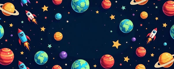 Cute space-themed seamless pattern with hand-drawn cartoon doodles of aliens, planets, rockets, and stars on a dark background, astronaut, cosmic, extraterrestrial