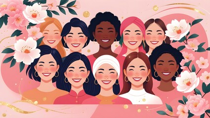 Women's Day Celebration Banner with Diverse Female Faces and Floral Illustration on Pastel Pink Background, Generative AI