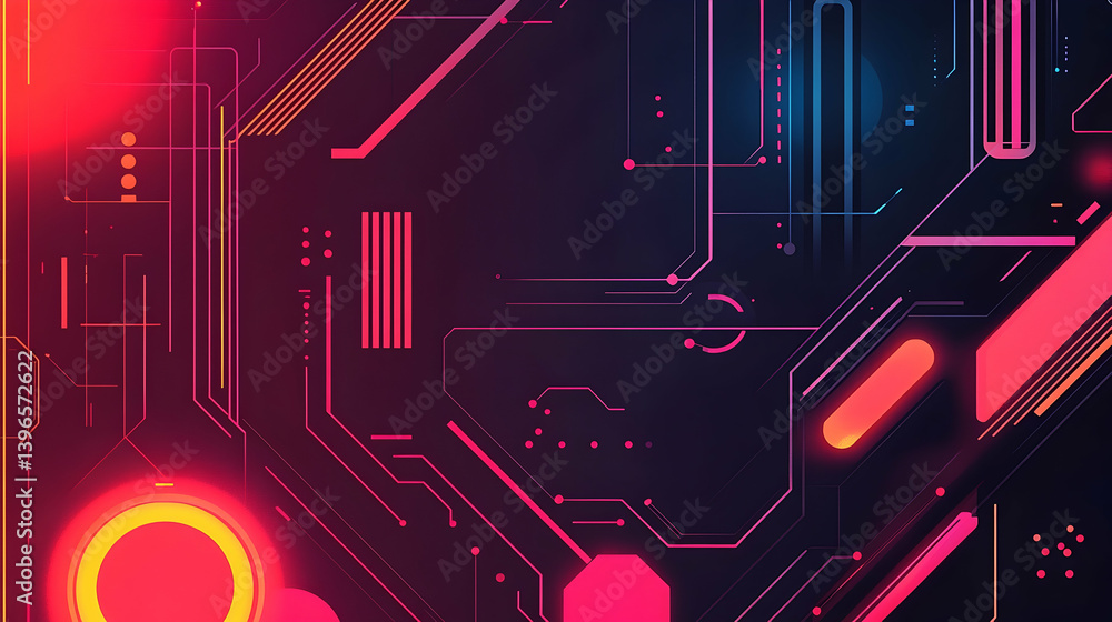 Poster a vibrant abstract design showcasing interconnected circuit lines and glowing shapes.