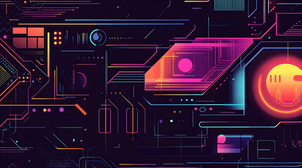 A vibrant, futuristic circuit board design showcasing colorful lines and shapes.