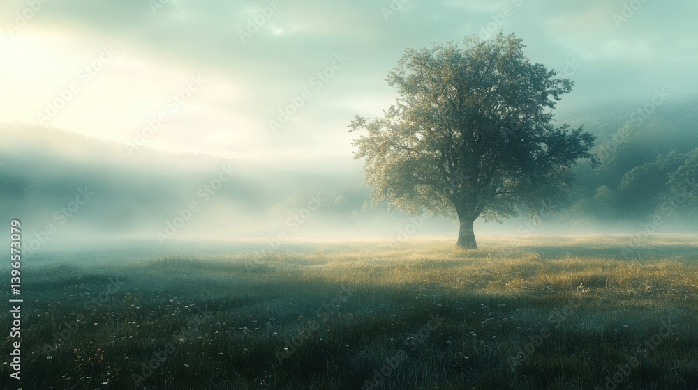 Poster a solitary tree stands in a misty field, surrounded by soft light and lush greenery, creating a sere