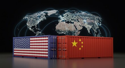 Geopolitical trade tension visualization featuring USA and China containers