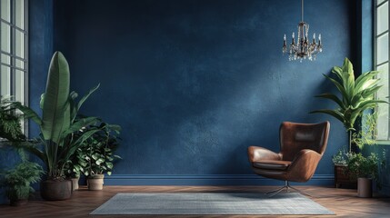 Moody blue interior with a rich brown armchair, lush plants, and herringbone wood flooring. A calming, elegant space