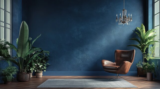 Moody blue interior with a rich brown armchair, lush plants, and herringbone wood flooring. A calming, elegant space