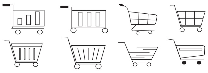 Shopping cart icons set. Shopping basket icon collection. Shopping cart line and flat icon. Internet shop symbol. Web store shopping cart - stock vector.