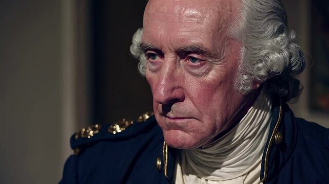 Close-up video still of a historical figure in 18th-century attire, capturing a thoughtful expression with dramatic lighting from a low angle.