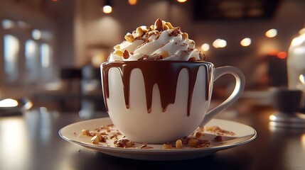 Warm Coffee Cup with Chocolate Drizzle and Whipped Cream Topping