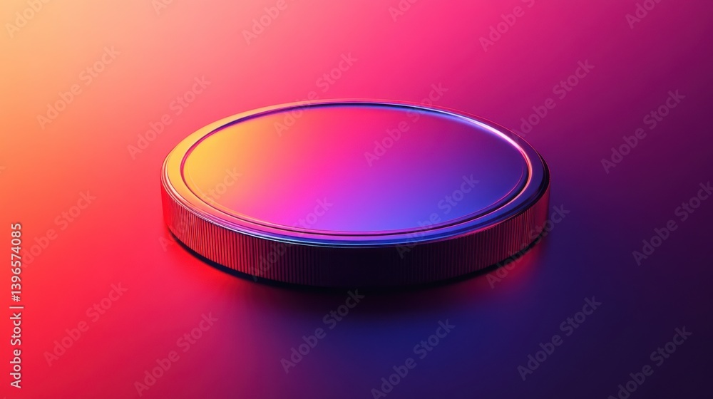 Poster a vivid, abstract representation of a circular object with a reflective surface, set against a dynam