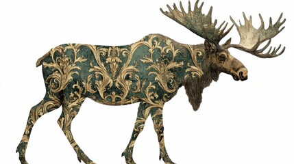 Moose with ornate pattern on its body stands against a white background.