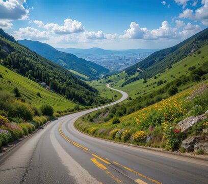 A scenic winding road stretches through a lush green landscape, featuring bright yellow lines that guide the way. The road curves gracefully, inviting adventure and exploration.