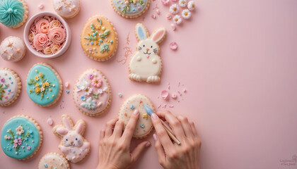 Easter cookies with floral decorations, bunny shapes, and pastel icing in blue, pink, yellow, and white on pink background with human hands decorating