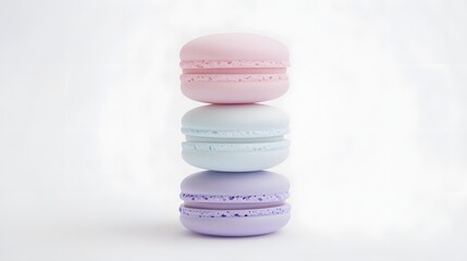Obraz premium Stack of colorful macarons. Pink, light blue and lavender. Macarons are on a white background. Sweet confections with light pastel colors.