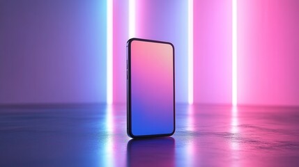 A modern smartphone with a gradient background, illuminated by vibrant pink and blue neon lights, creating a futuristic aesthetic.
