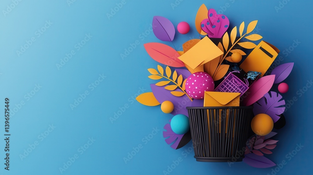 Poster a vibrant arrangement of colorful paper shapes and objects spilling from a black basket against a bl
