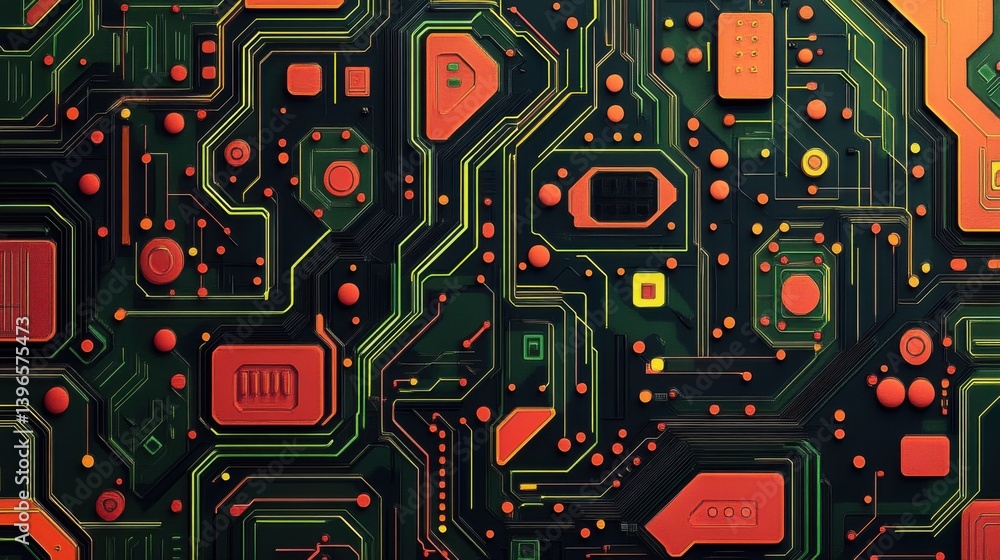 Poster abstract digital circuit board design featuring vibrant colors and intricate patterns, showcasing te