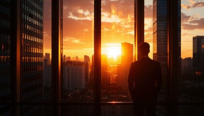 Businessman views city sunset