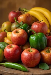 A rustic wooden bowl brimming with a vibrant assortment of fresh fruits, including ripe bananas, juicy apples, plump grapes, and zesty oranges, all artfully arranged for a colorful display.