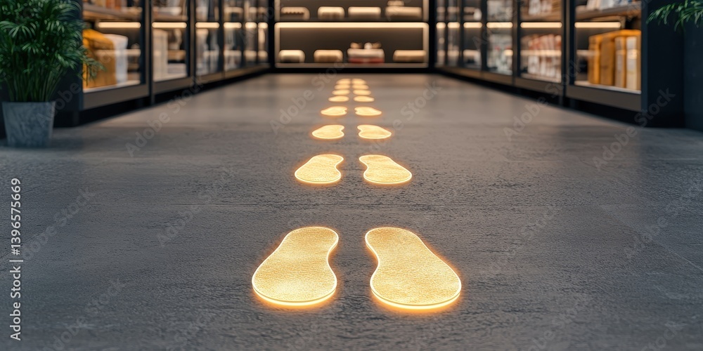 Leinwandbilder Illuminated footprints guide the way through a modern retail space, enhancing the shopping experience with a unique visual element.