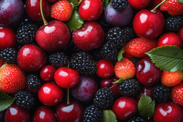 Obraz premium Bunch of cherries and blackberries on rustic wooden table with soft natural light.