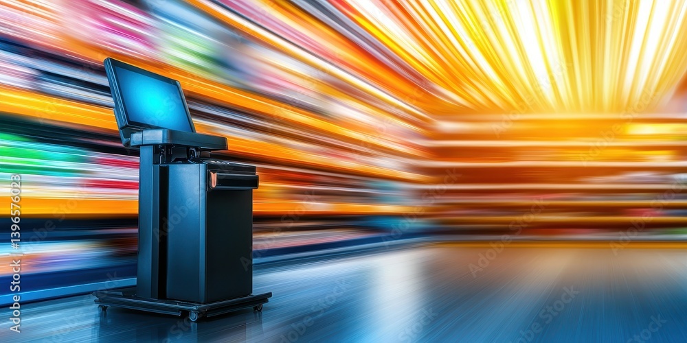 Poster a modern checkout terminal stands against a vibrant, blurred background, suggesting a fast-paced sho