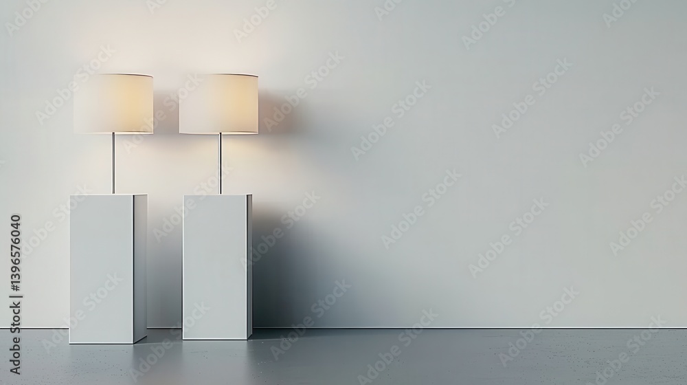 Aufkleber two modern lamps on minimalist stands illuminate a plain, light-colored wall, creating a serene and 