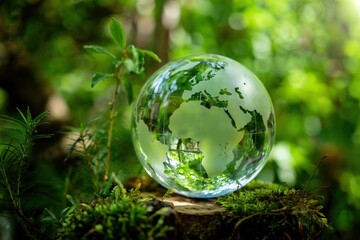 Crystal Earth globe nestled in lush green forest moss symbolizing environmental conservation and sustainability