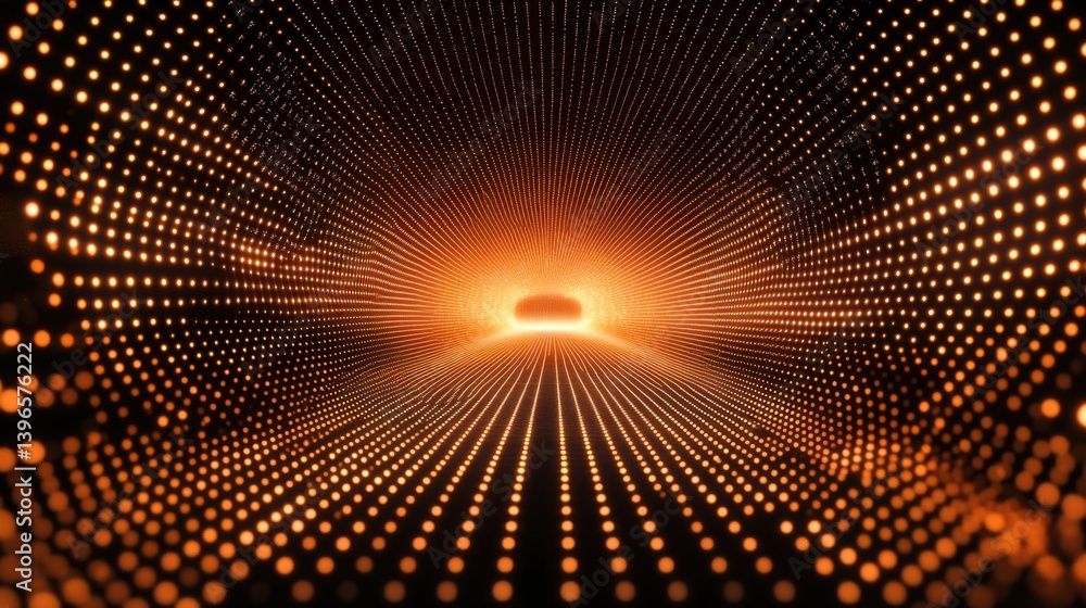 Poster a mesmerizing digital tunnel of glowing dots converging towards a radiant center, creating a sense o