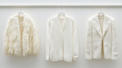 Three stylish white outerwear pieces displayed on hangers, showcasing various textures and designs for a contemporary fashion aesthetic.