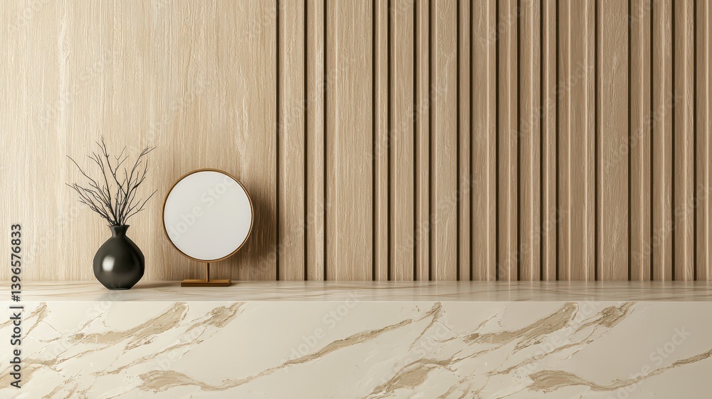 Poster a modern interior featuring a textured wall, a circular mirror, and a minimalist vase, creating a st