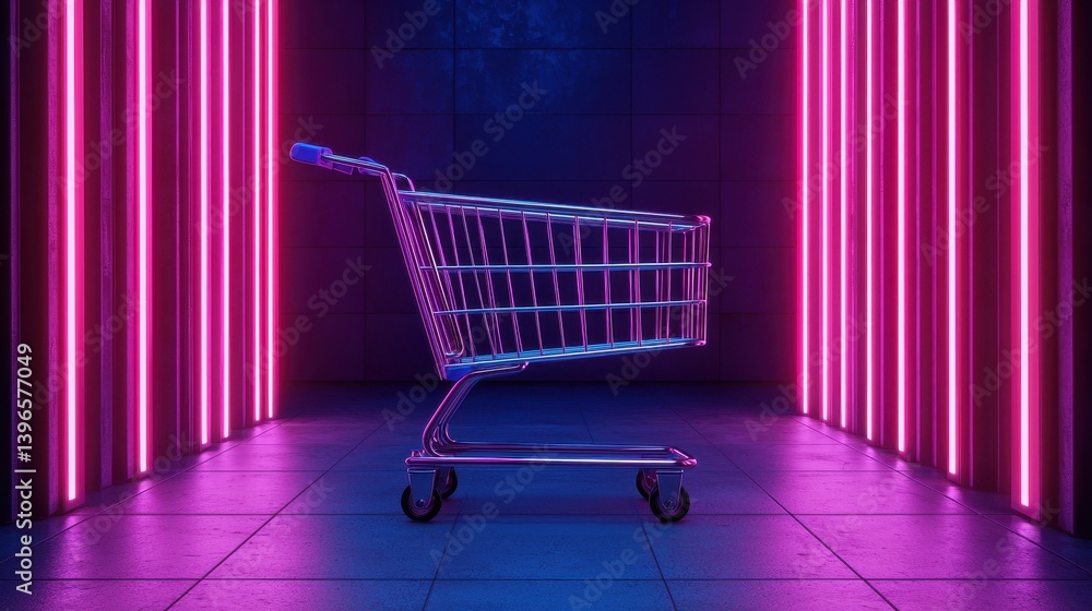 Poster a metallic shopping cart stands alone in a dimly lit corridor, illuminated by vibrant pink neon ligh