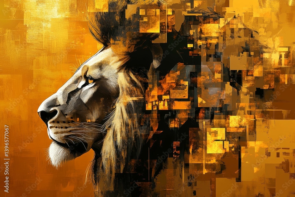 Poster digital art featuring a lion head in profile with pixelated disintegration effect.