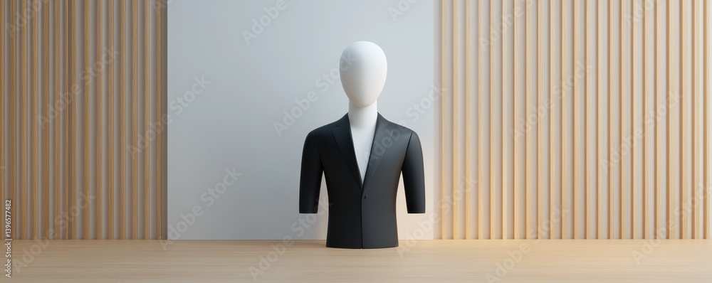 Aufkleber a minimalist display featuring a mannequin in a black blazer set against a backdrop of wooden slats,