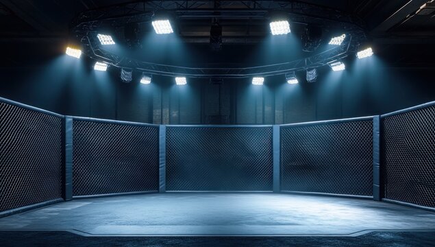 Empty Octagon Cage Under Bright Lights: MMA Arena Ready for Combat
