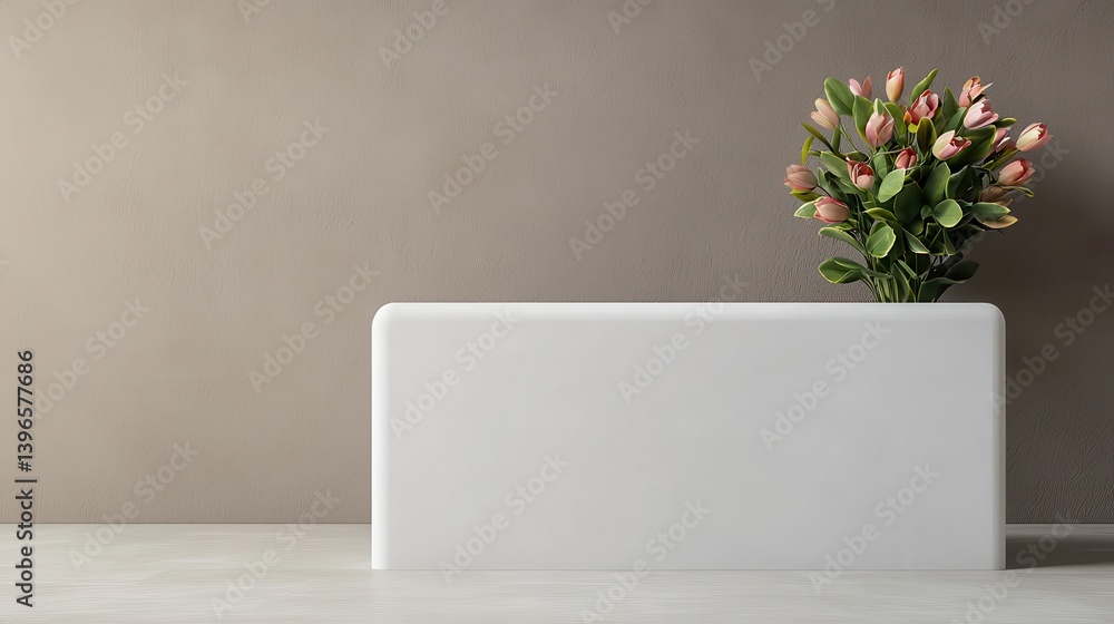 Poster a minimalist scene featuring a white rectangular object and a bouquet of pink tulips against a neutr