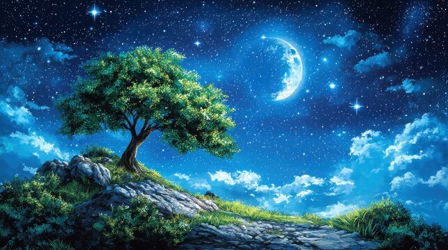 Tree on a hill under a moonlit sky with an astrologer reading a celestial chart in the foreground