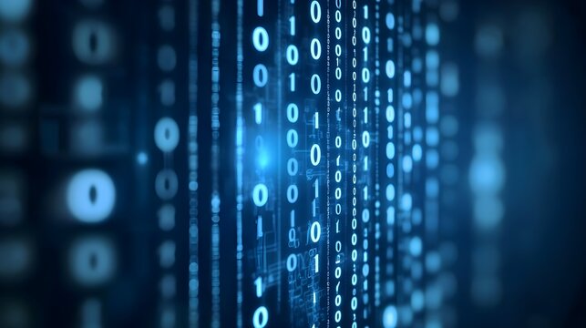 Abstract Binary Code Data Background with Blue Bokeh Effects