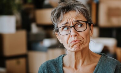 Elderly woman with confused expression standing in living room with hands raised, surrounded by scattered household items. Concept of aging, memory loss and dementia challenges in senior people