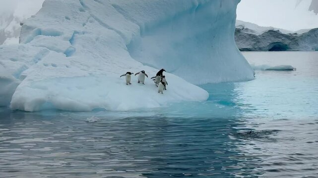 Many Gentoo penguins stand on the ice and jump into the water, with splash. Antarctic ice, protection of the environment