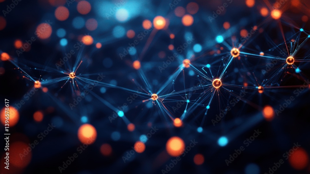 Poster a vibrant abstract representation of interconnected nodes and lines, showcasing a network in shades 