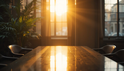 Fototapeta premium Empty church interior with wooden floor, large windows, and natural light