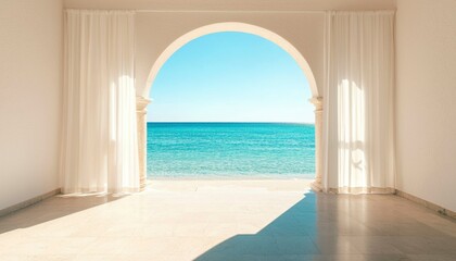 Fototapeta premium Archway to sea. Sunlight through white curtains