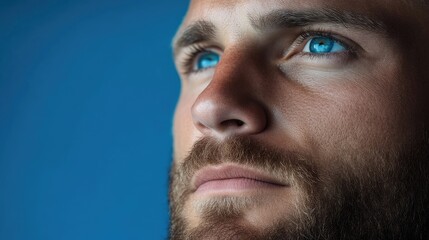 Obraz premium Close-up portrait of a man with striking blue eyes and a beard, gazing upwards against a bold blue backdrop
